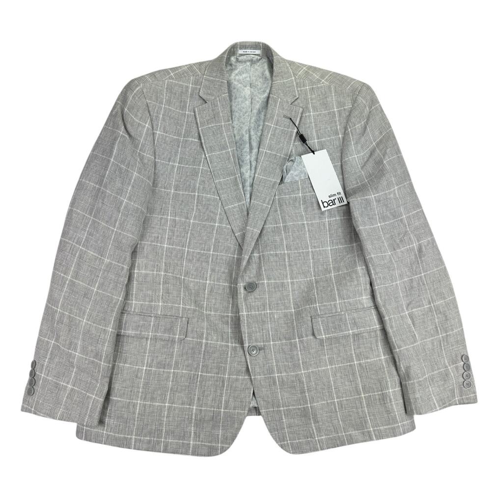 Bar III Mens Slim Fit 100% Linen Plaid Suit Jacket Gray 46R